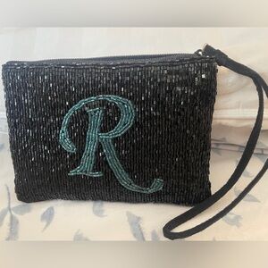 Vintage Black Beaded Clutch/Wristlet with Teal “R” Monogram